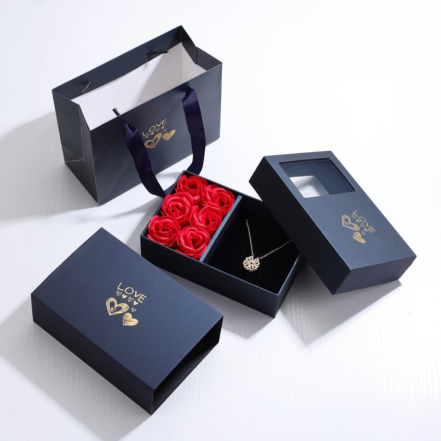 Lucky Heart Clover Necklace in Rose Gift Box