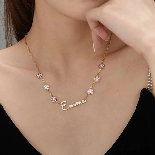 Crystal Encrusted Sakura Flower Name Necklace