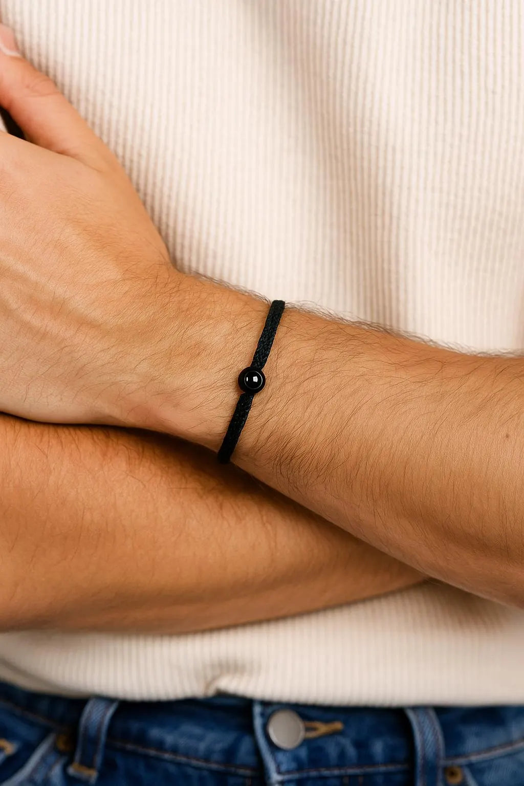 Geflochtenes Armband mit individuellem Foto-Projektionsstein – Schwarz