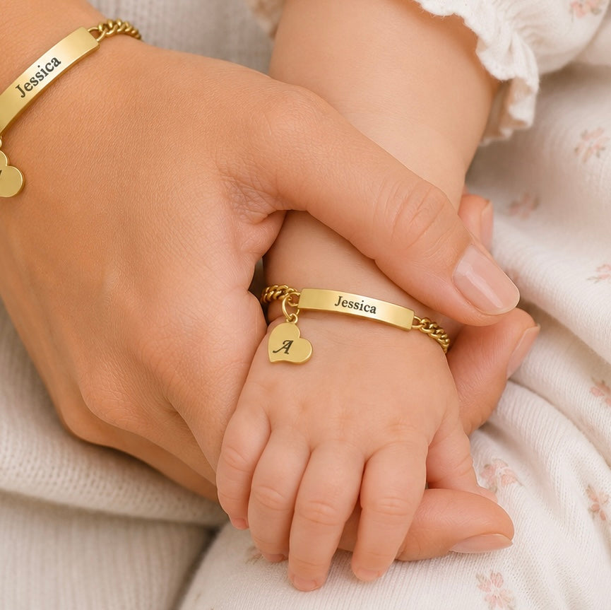 Personalised Baby & Mama Heart Charm Name Bracelet