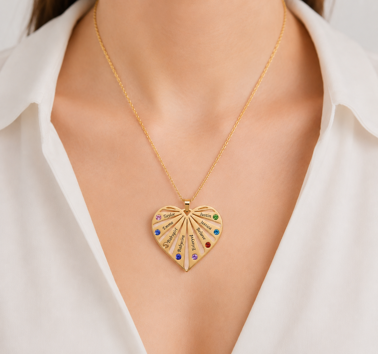 Family Heart Birthstone Name Necklace