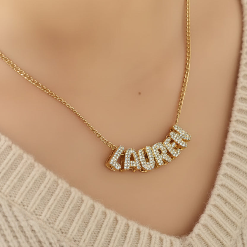 Crystal Encrusted Bubble Letter Name Necklace