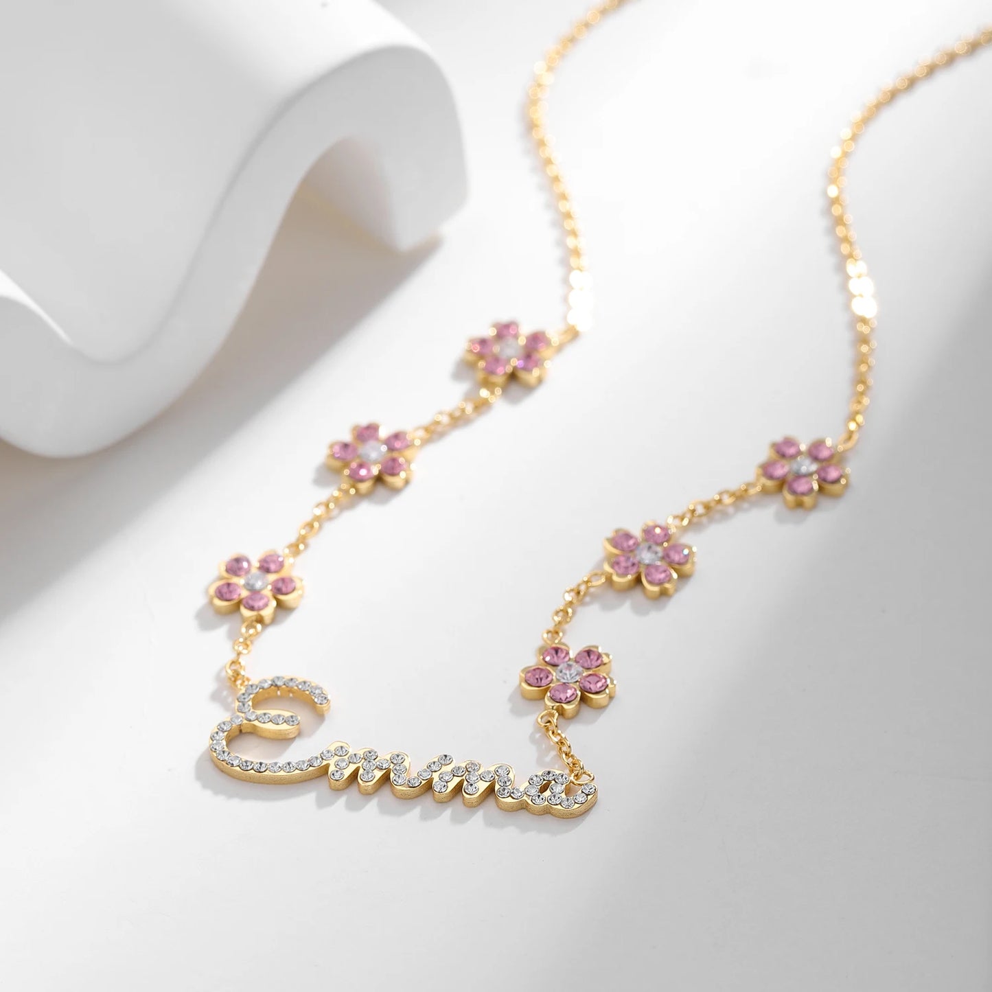 Crystal Encrusted Sakura Flower Name Necklace