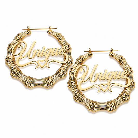 Bamboo Hoop Heart Arch Name Earrings