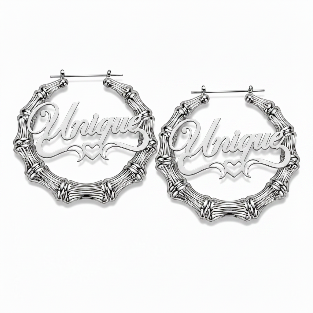 Bamboo Hoop Heart Arch Name Earrings