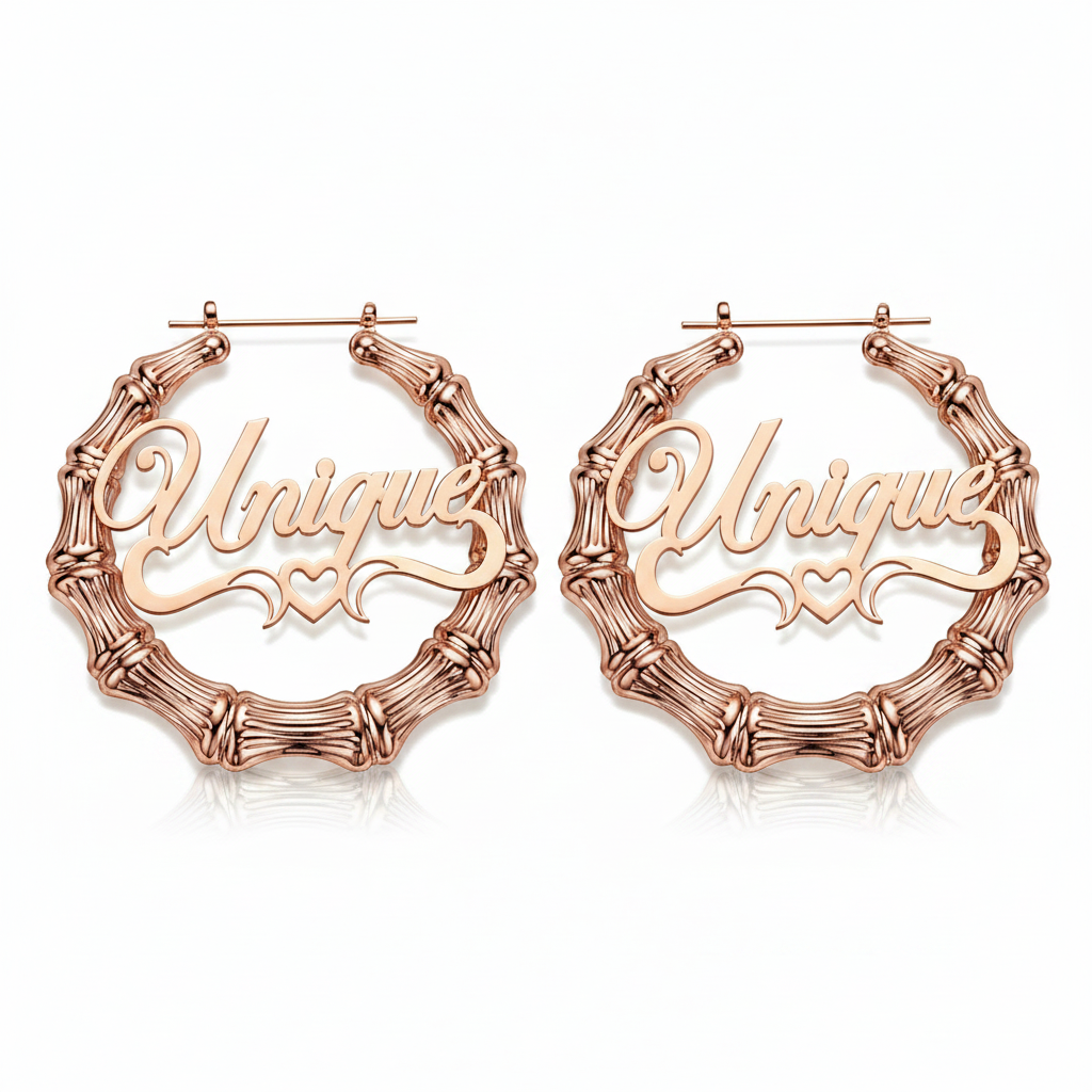 Bamboo Hoop Heart Arch Name Earrings