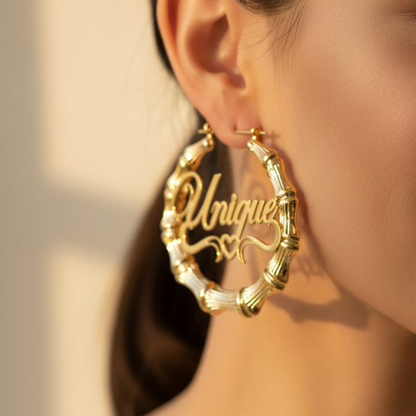 Bamboo Hoop Heart Arch Name Earrings