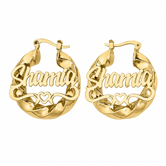 Twisted Hoop Heart Arch Name Earrings
