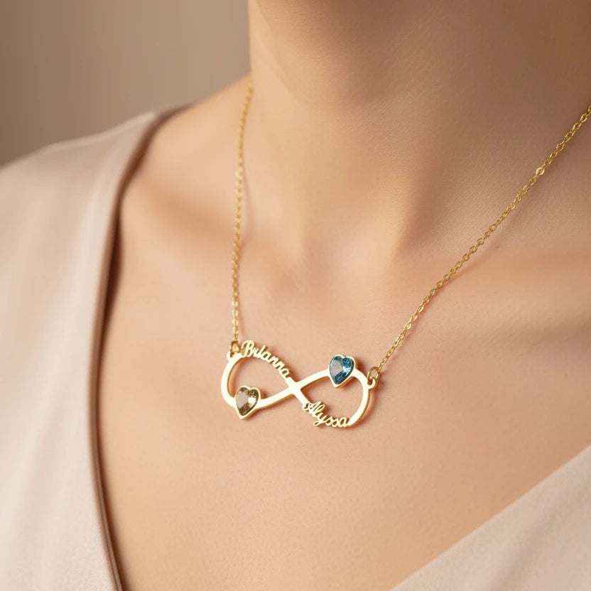 Infinity Duo Heart Birthstone Name Necklace