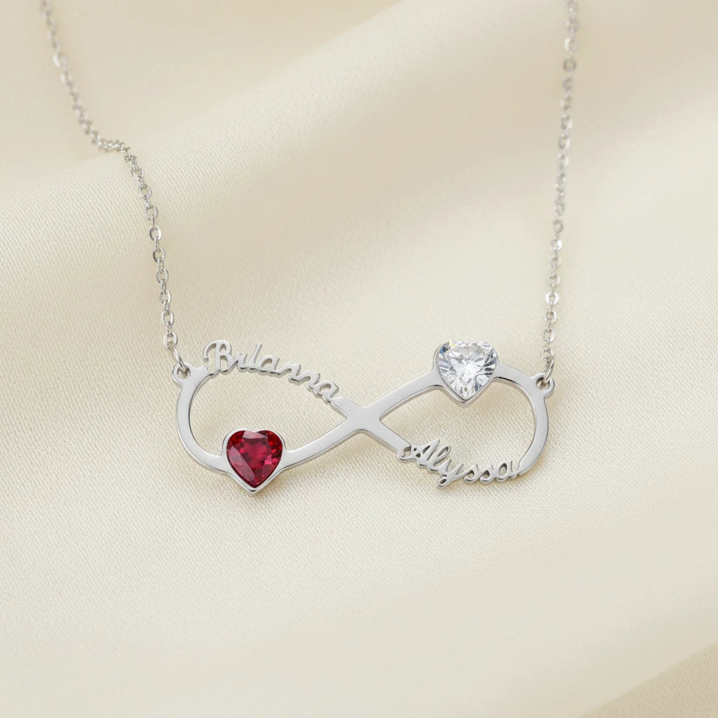 Infinity Duo Heart Birthstone Name Necklace