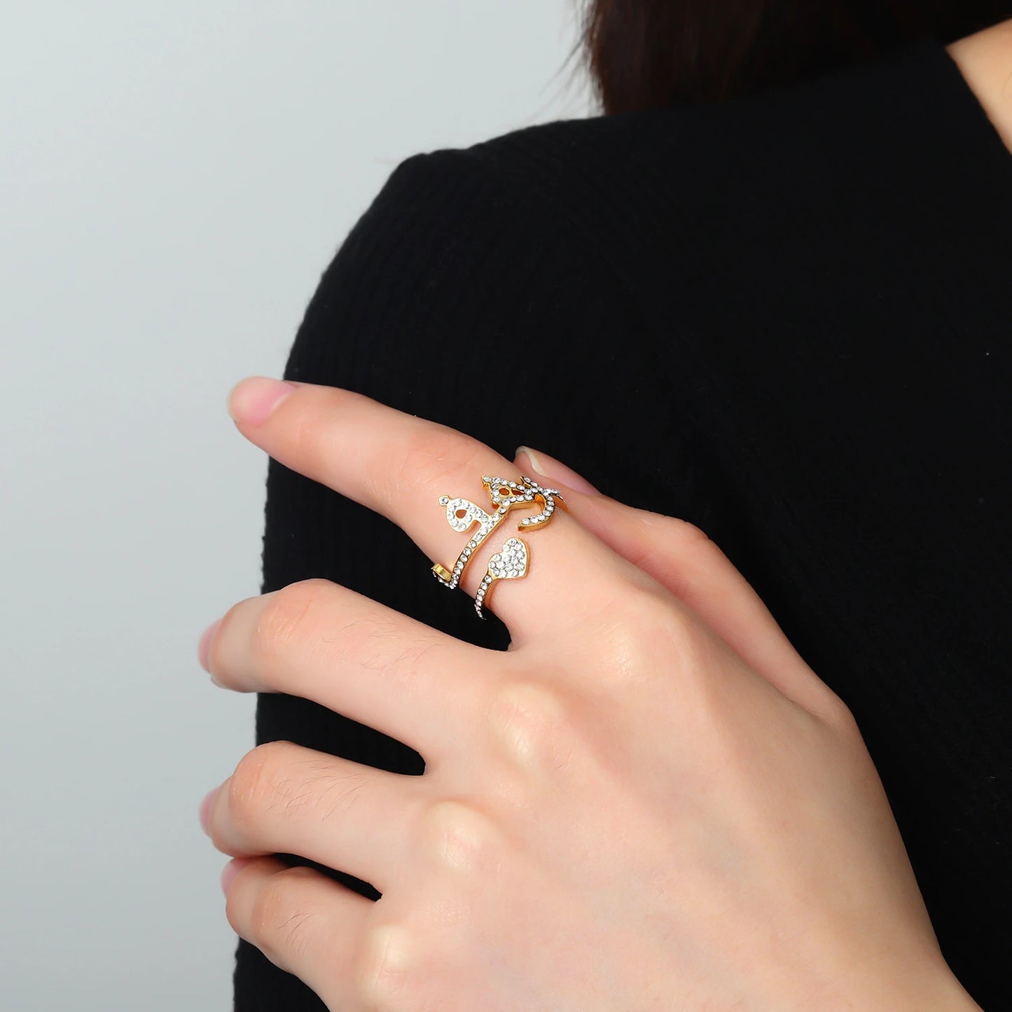 Crystal Encrusted Arabic Name & Heart Spiral Ring