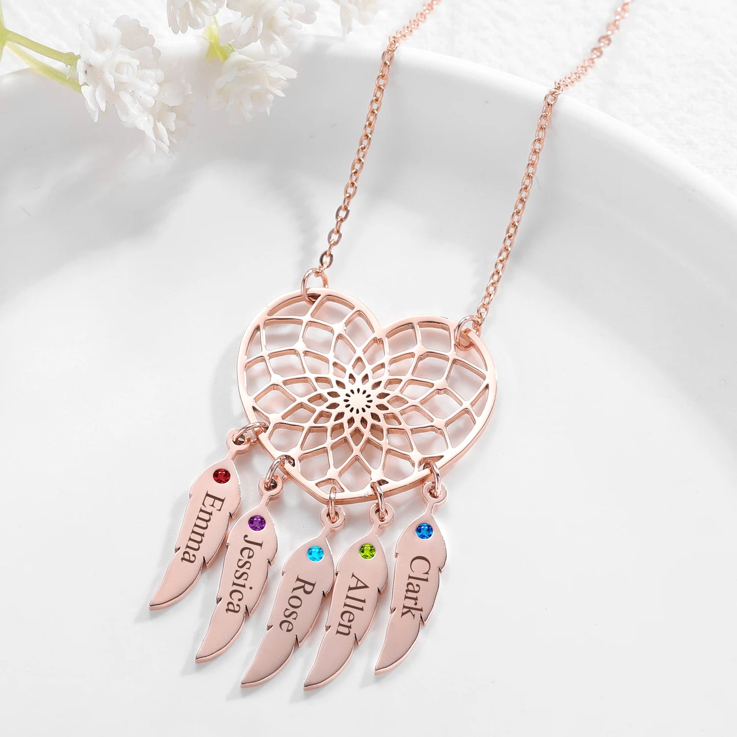 Heart Dream Catcher Birthstone Name Necklace