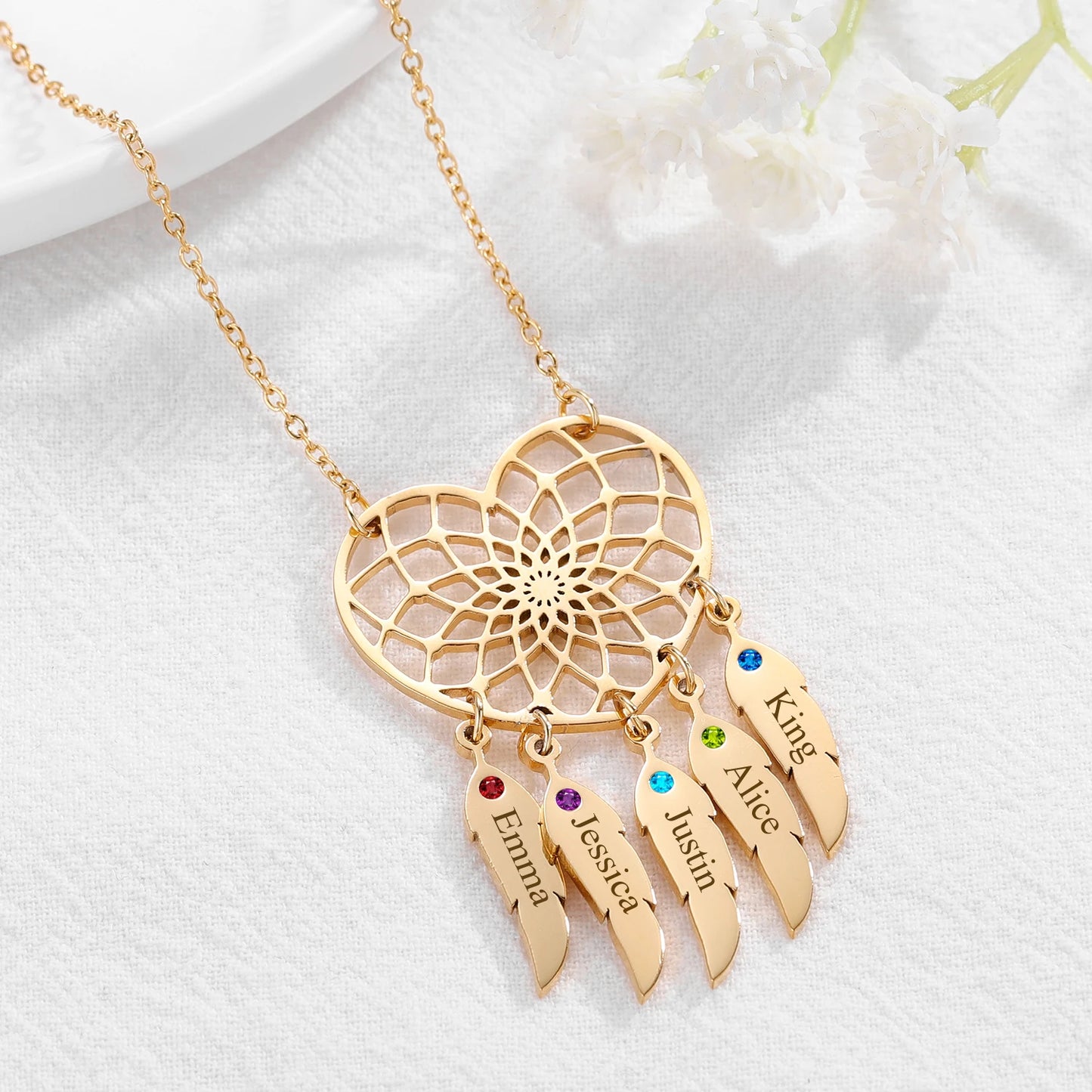 Heart Dream Catcher Birthstone Name Necklace