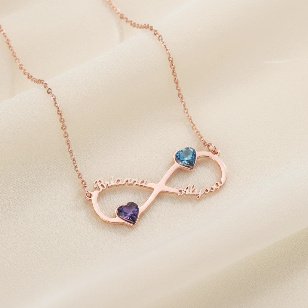 Infinity Duo Heart Birthstone Name Necklace