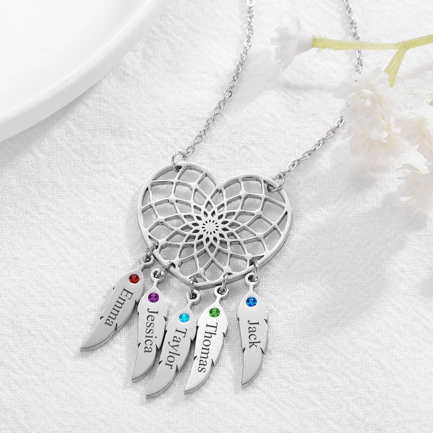 Heart Dream Catcher Birthstone Name Necklace