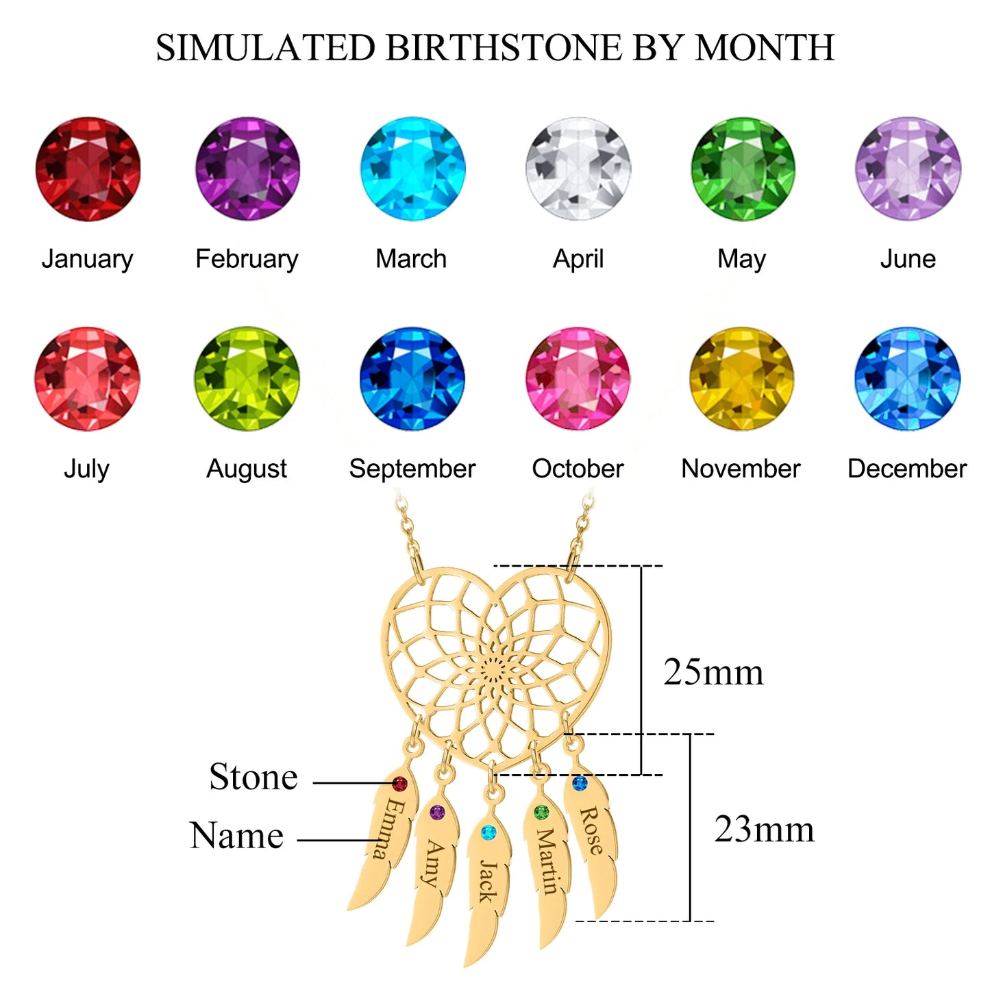 Heart Dream Catcher Birthstone Name Necklace