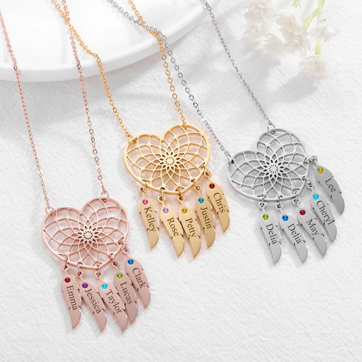 Heart Dream Catcher Birthstone Name Necklace