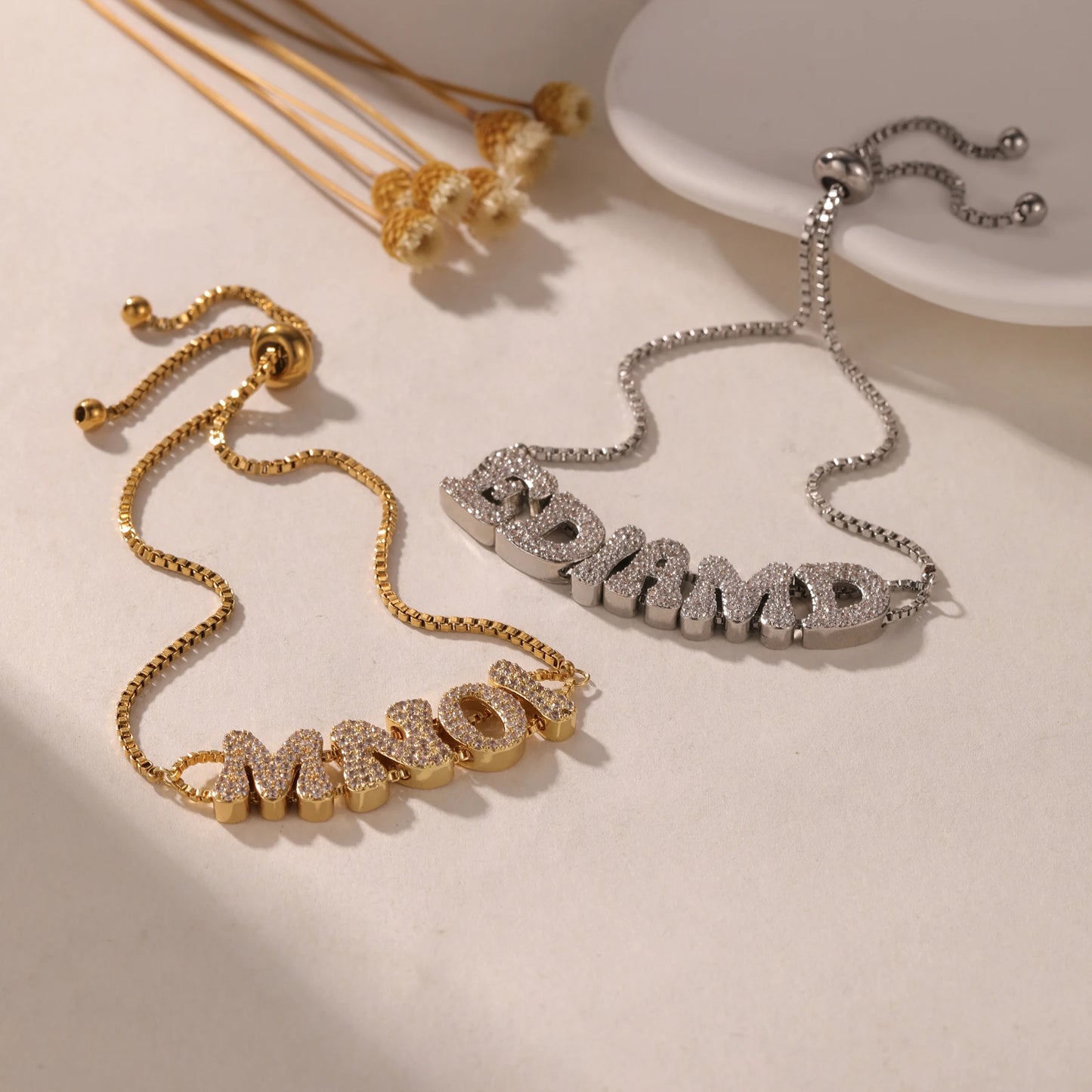 Crystal Encrusted Bubble Letter Name Bracelet