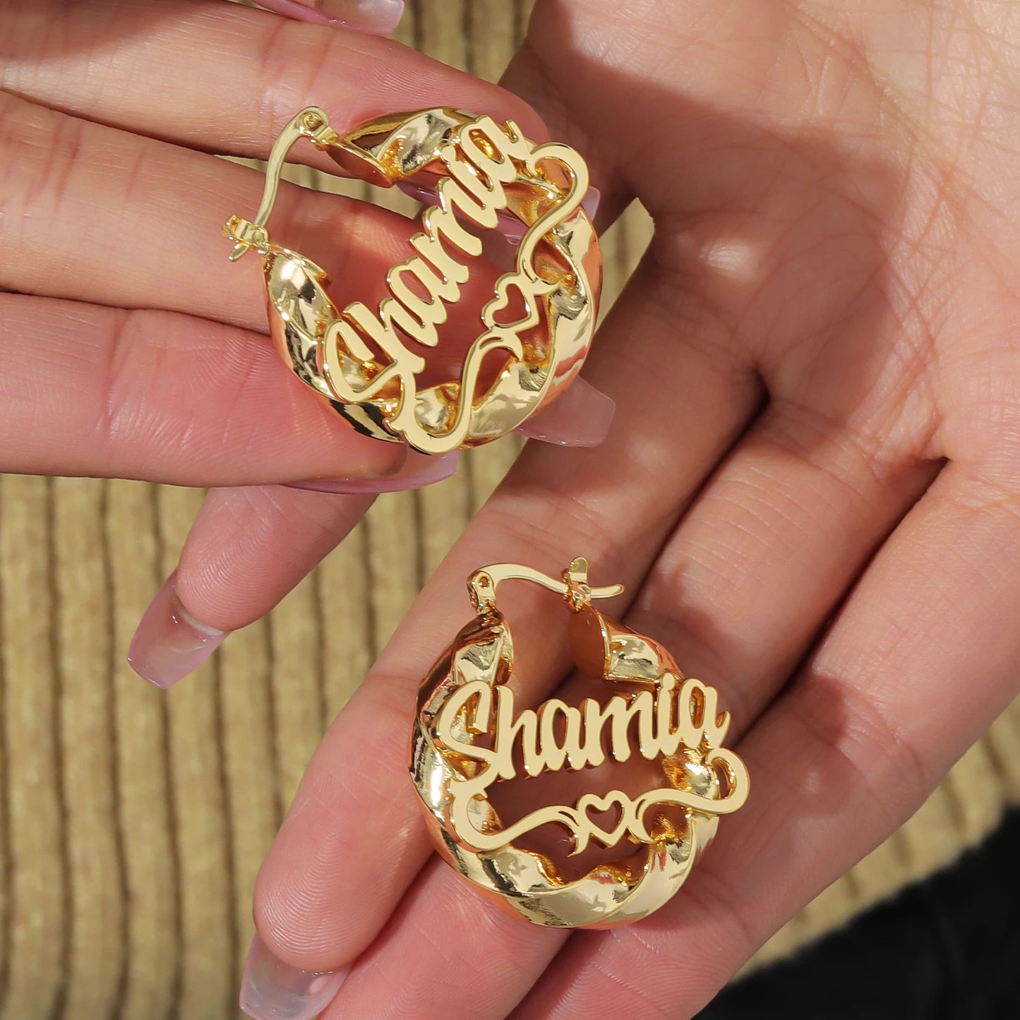 Twisted Hoop Heart Arch Name Earrings