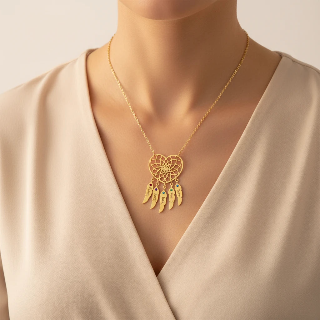 Heart Dream Catcher Birthstone Name Necklace