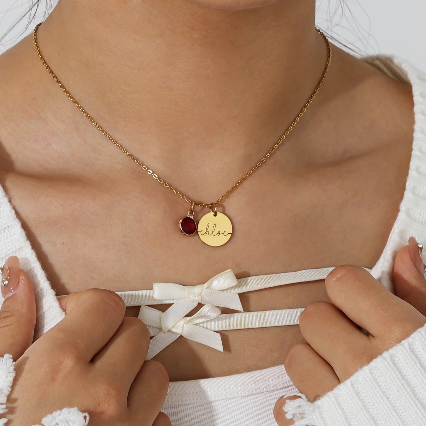 Birthstone Pendant Disc Name Necklace