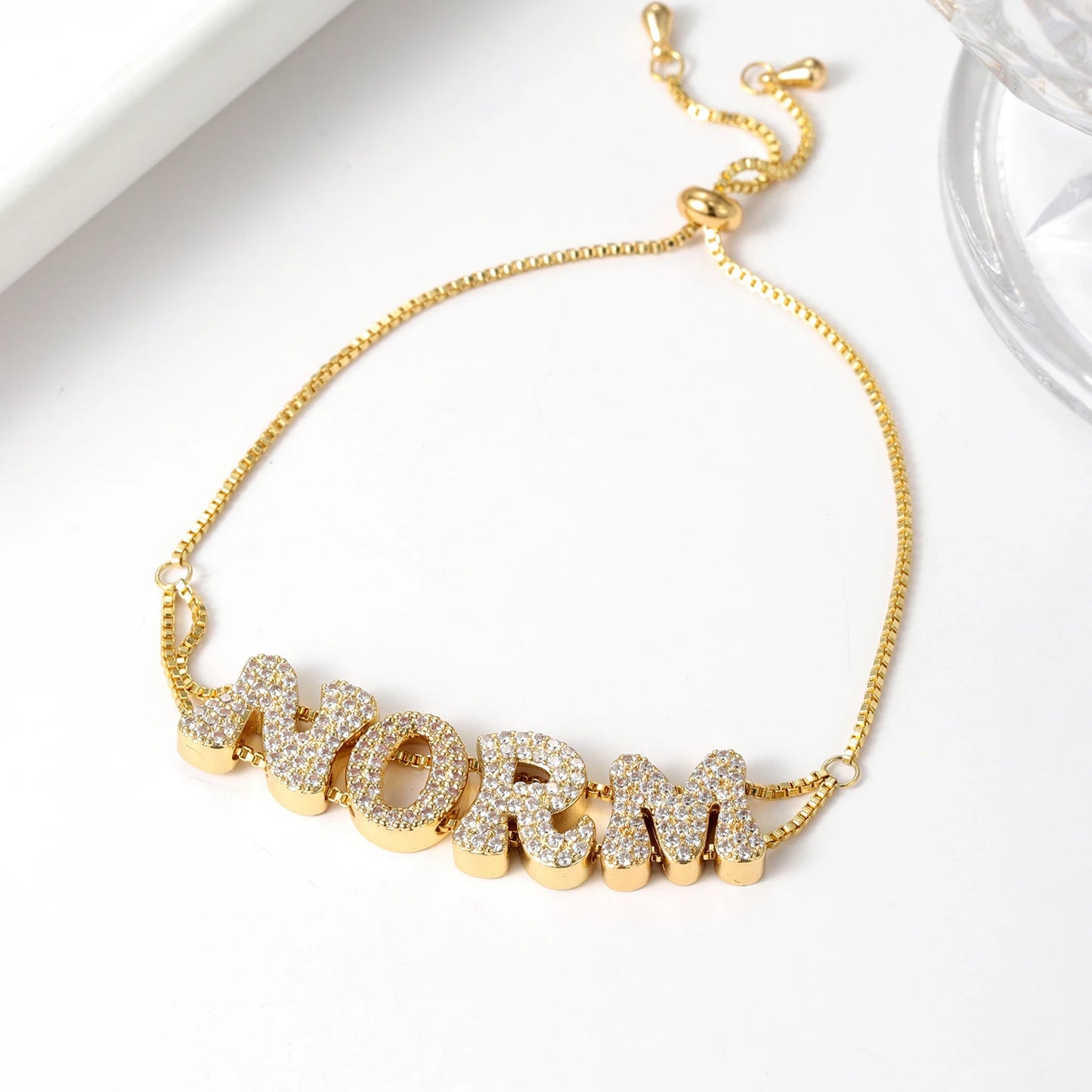 Crystal Encrusted Bubble Letter Name Bracelet