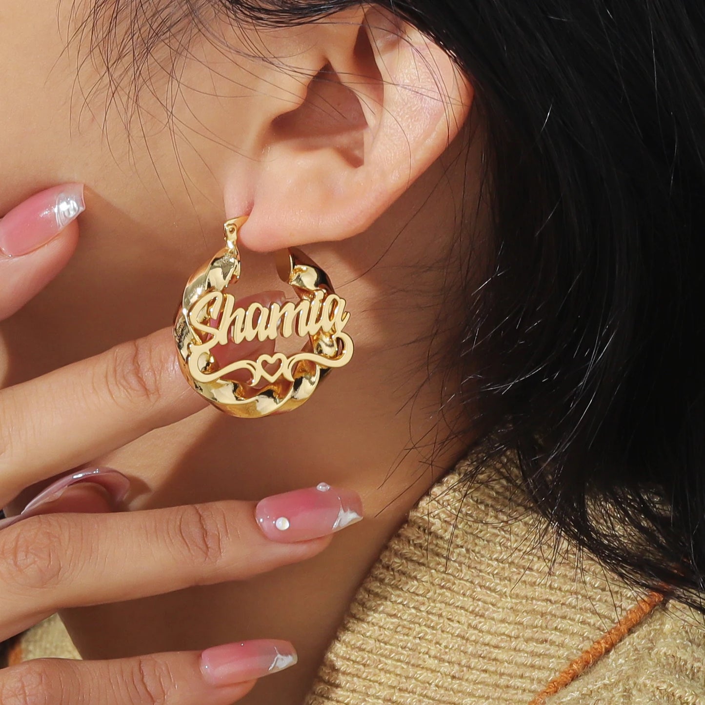 Twisted Hoop Heart Arch Name Earrings