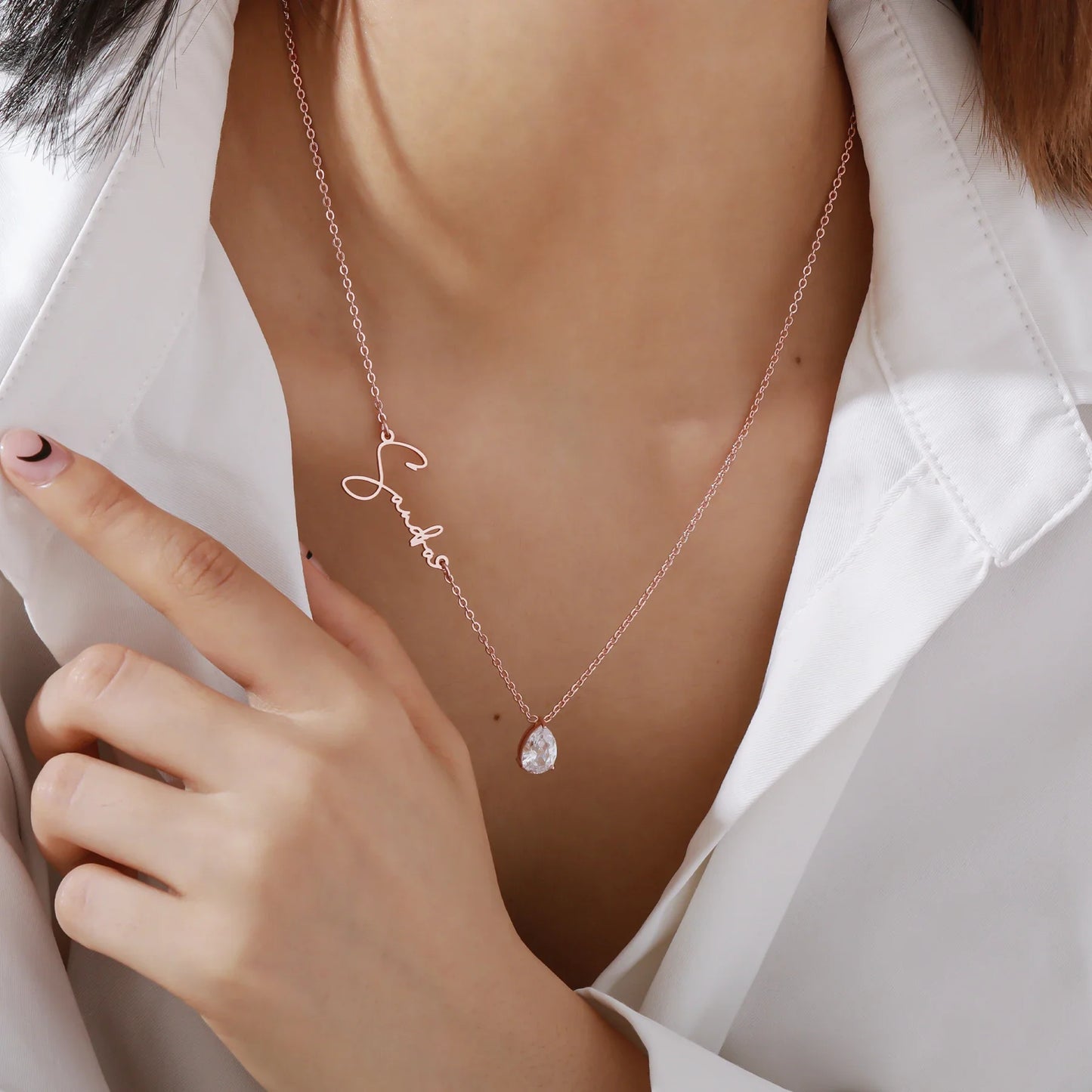 Birthstone Teardrop Name Necklace