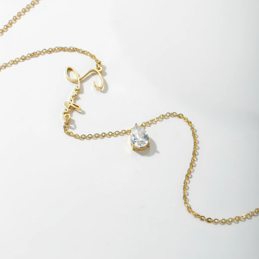 Birthstone Teardrop Name Necklace