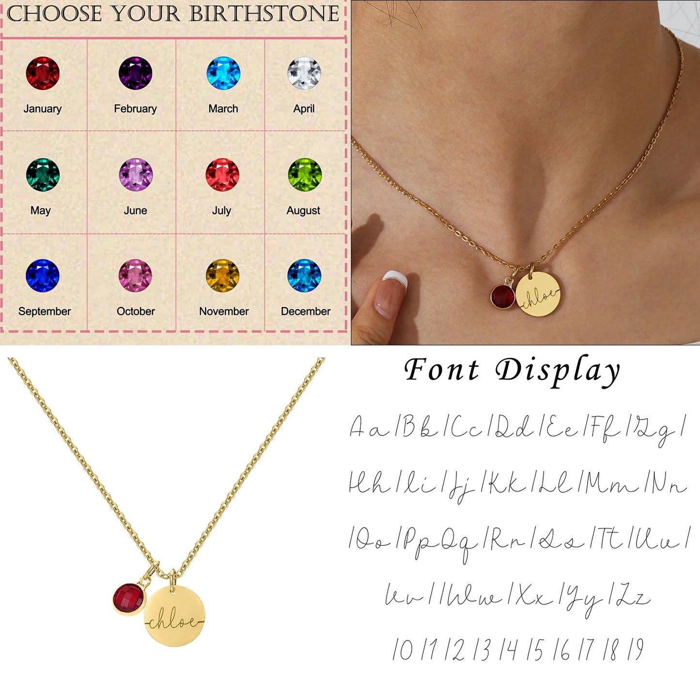 Birthstone Pendant Disc Name Necklace