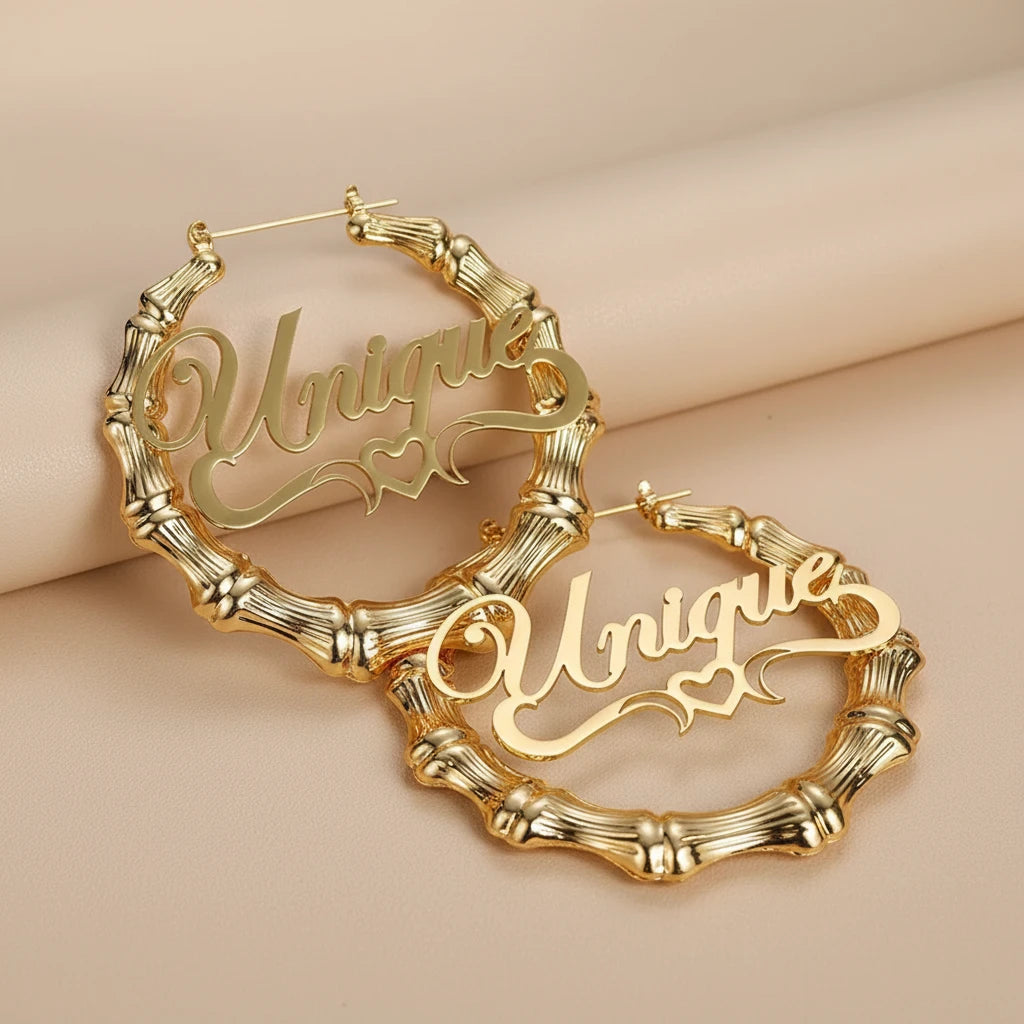 Bamboo Hoop Heart Arch Name Earrings